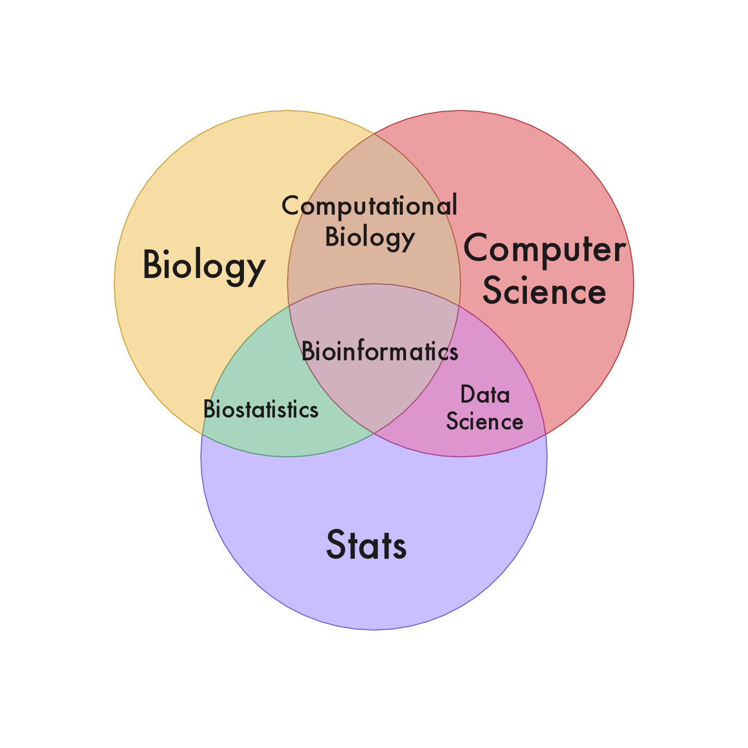 Venn diagram created using venn_meme() showing 'Biology', 'Computer Science', and 'Stats' coming together to represent the field of Bioinformatics.
